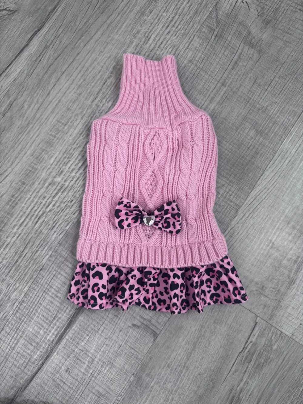 Pink Cable Knit Dog Sweater Dress with Leopard Print Ruffle & Bow Pet Clothes.